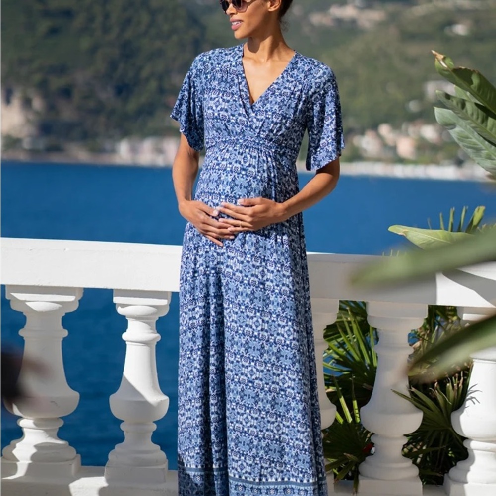 NWT Seraphine Lulah Mediterranean Blue Maternity & Nursing Maxi Dress Size XS